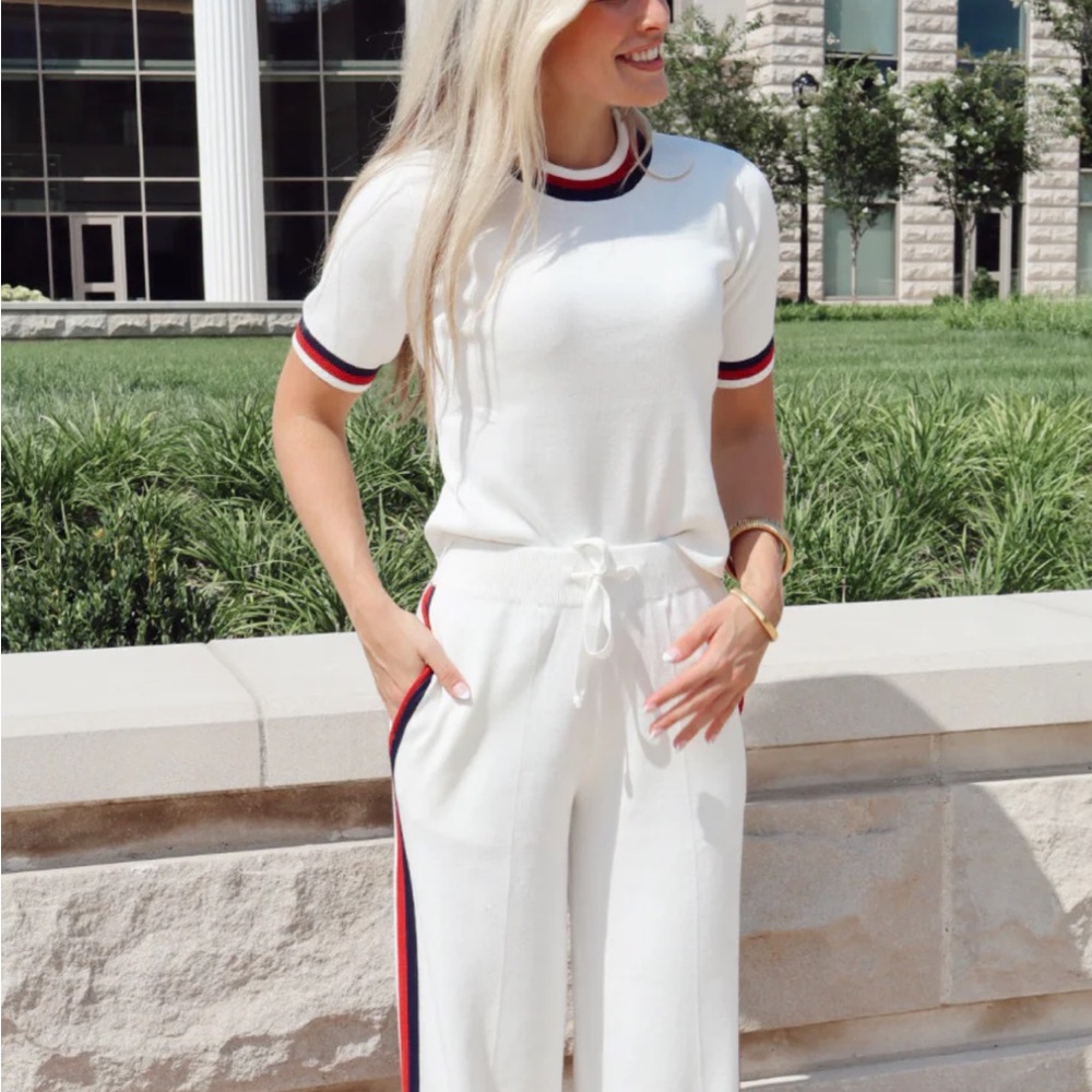 Women's White Track Pants with Red and Blue Stripes